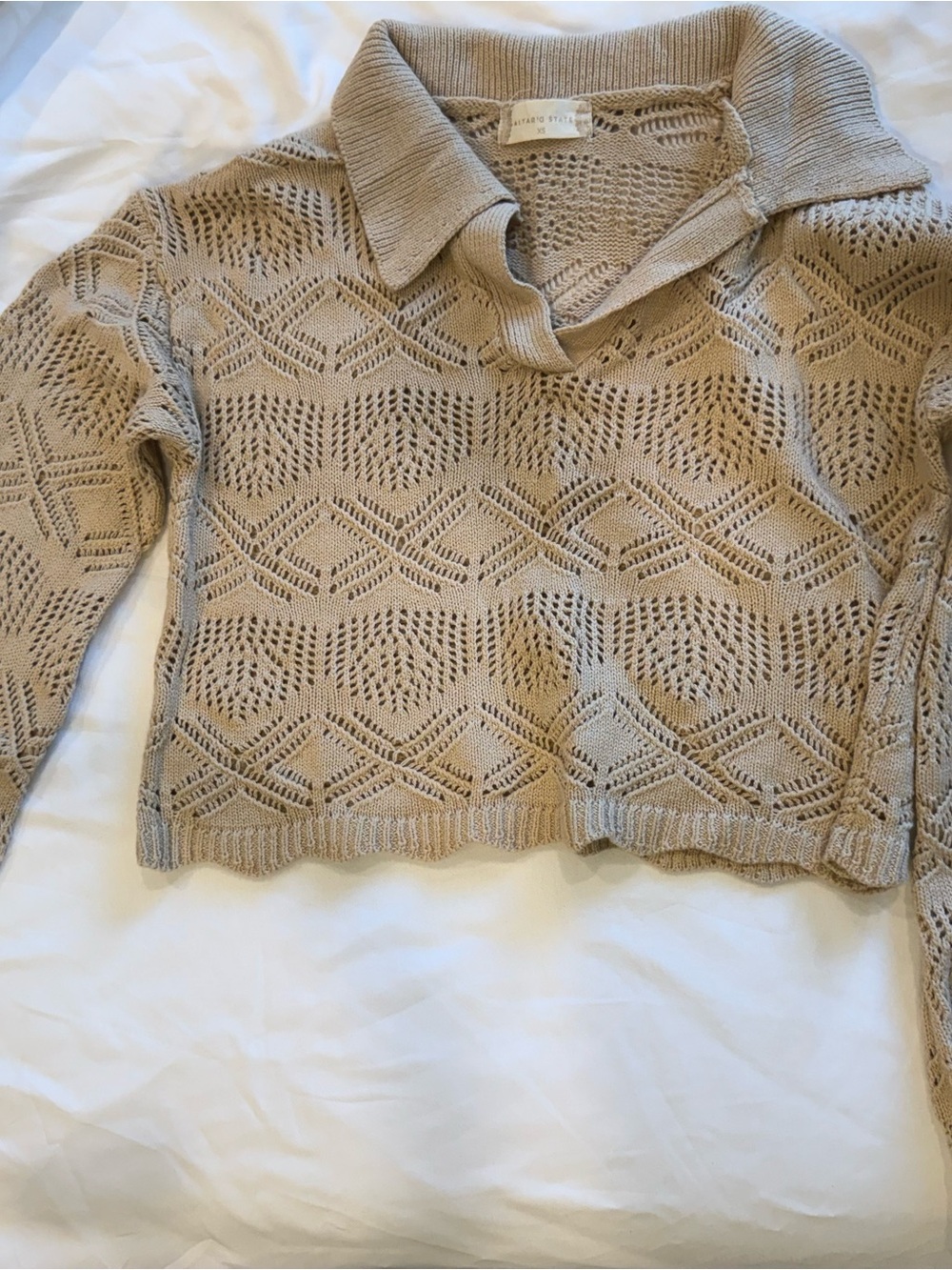 Altar'd State Taupe Open-Knit V-Neck Polo Sweater